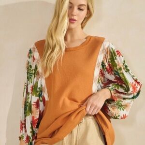 Vibrant Orange Floral Sleeve Women's Blouse